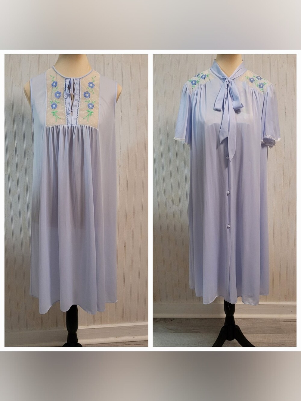 Vintage 70s Light Blue Maidenform Nightgown & Robe Set Size Small